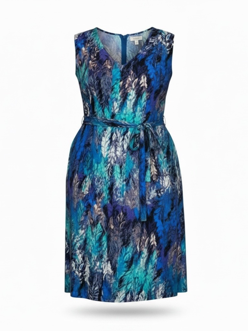 Fynn & Rose 2X Women’s blue abstract floral v neck sleeveless belted shift dress